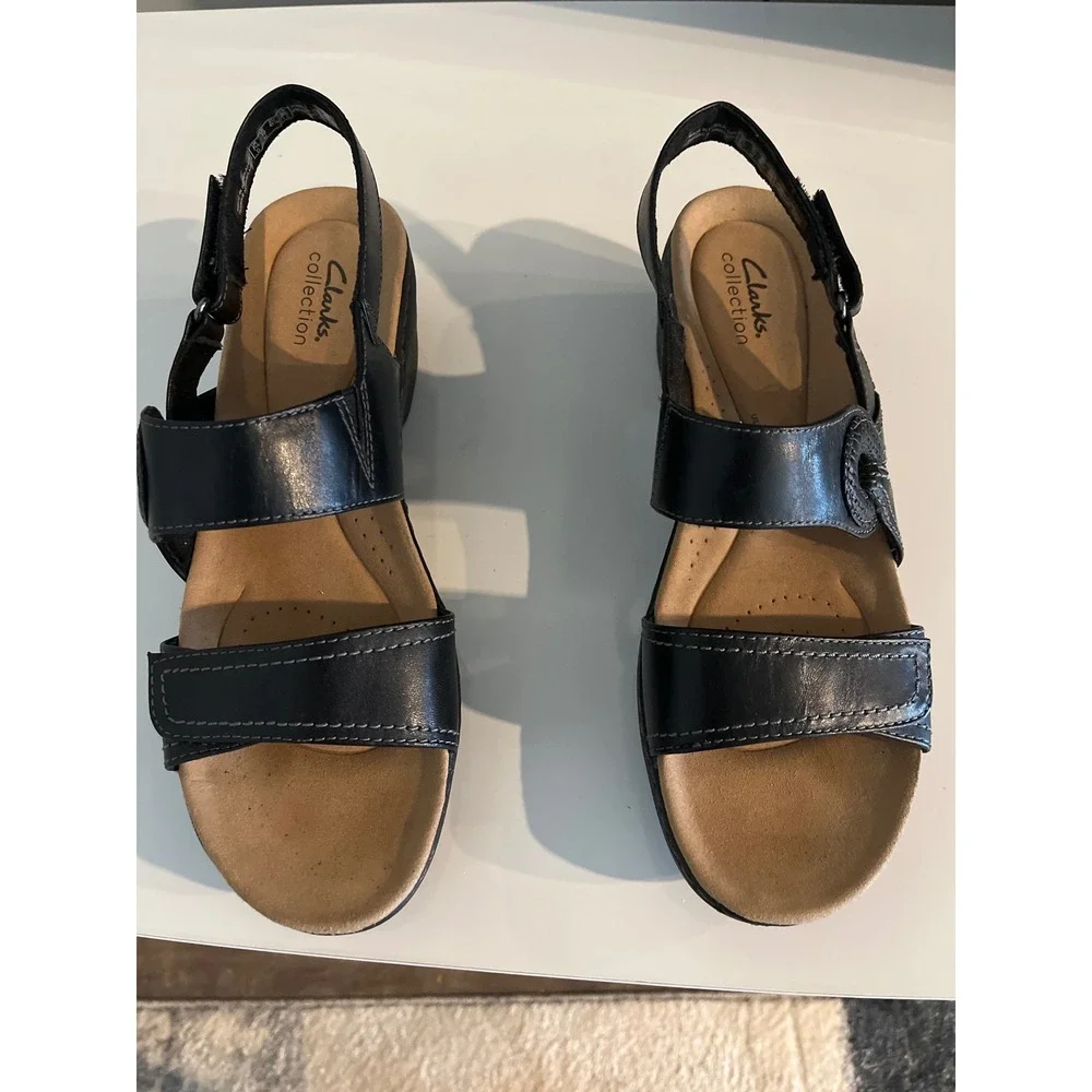 Clarks Collection Black Leather Wedge Sandals Strappy Comfort 7.5 M Arla‎ Glison